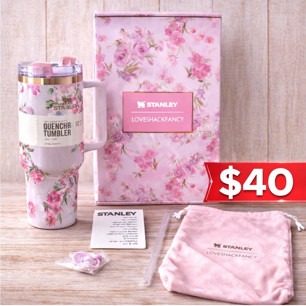 40oz.Stanley Pink Floral Tumbler with Gold Trim